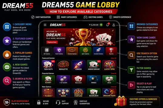 Dream 55 Game lobby showing different game categories
